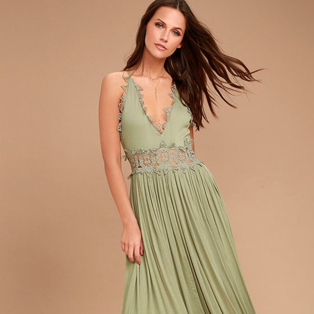 Lulus This is Love Sage Lace Maxi Dress (S Small)